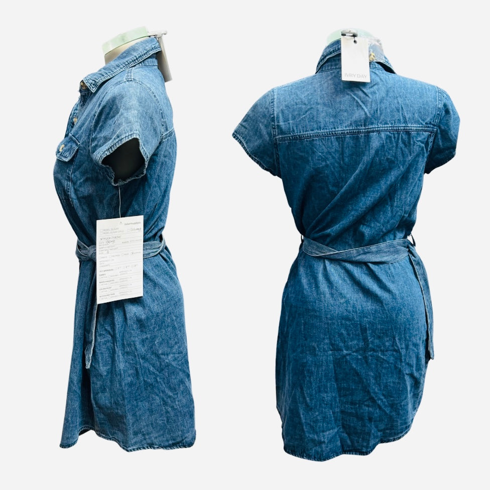 Ivry Day Blue Denim Belted Shirt Dress - small