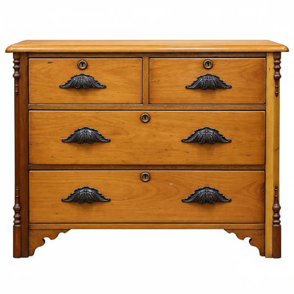Vintage Solid Wood 4-Drawer Dresser with Ornate Brass Hardware