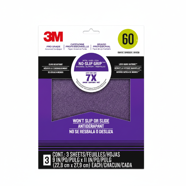 3M Pro Grade Advanced Sandpaper – 60 Grit, 3-Pack