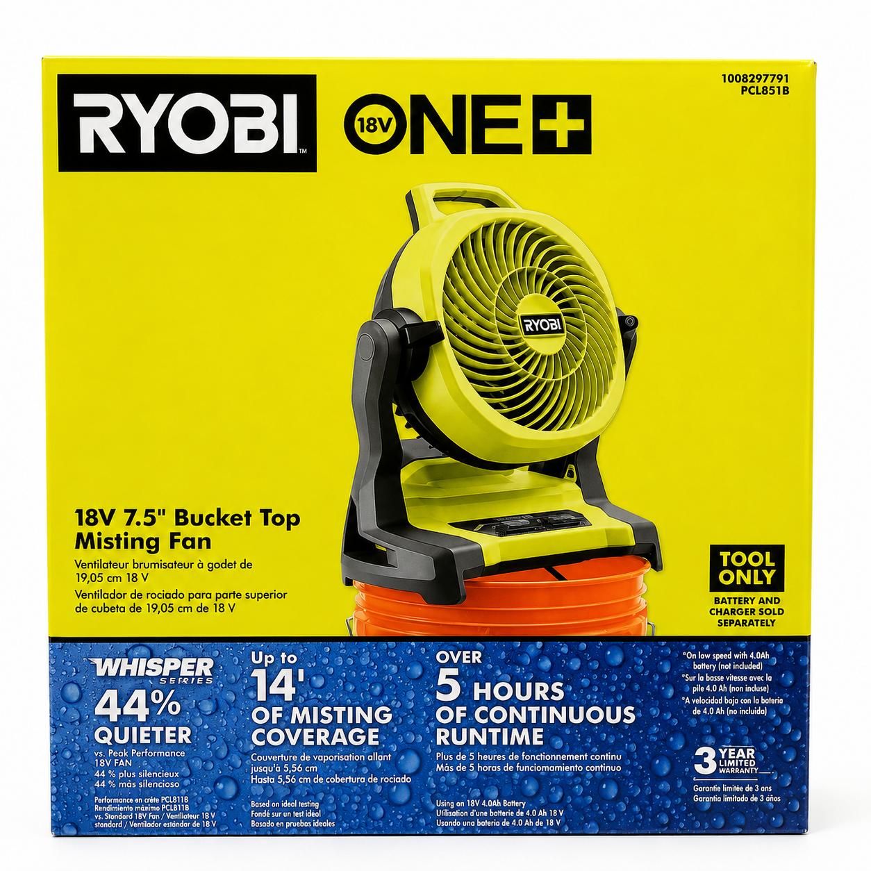 RYOBI 18V ONE+ 7.5" Bucket Top Misting Fan (Tool Only)