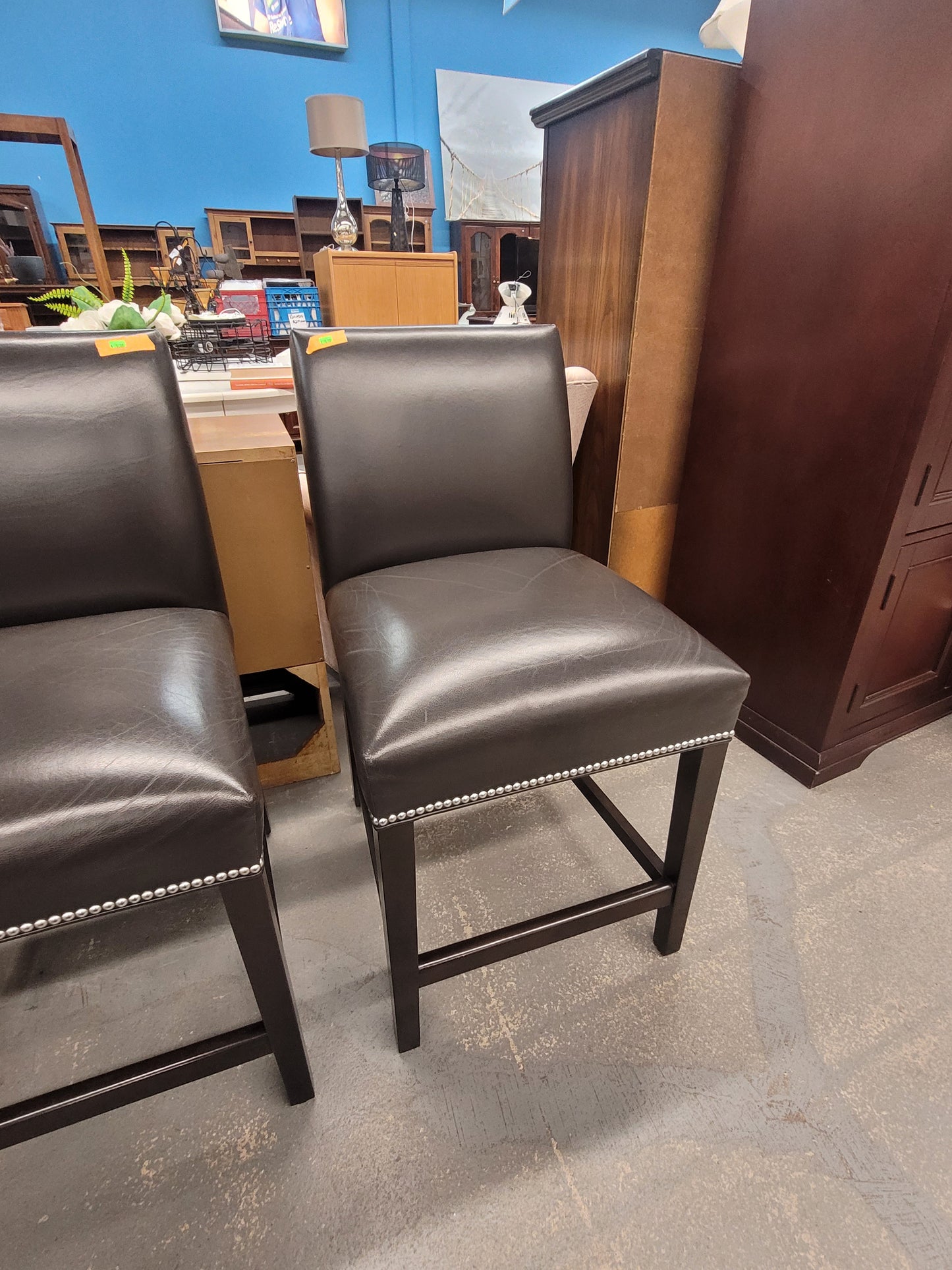 Brown Upholstered Counter-Height Chair with Nailhead Trim