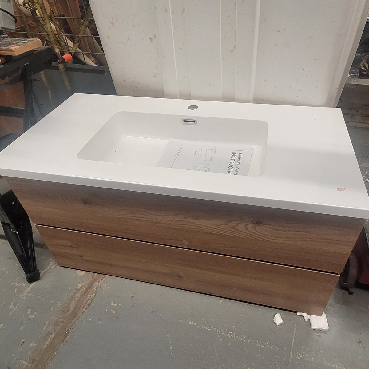 Wood-Look Bathroom Vanity with White Sink Top