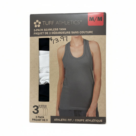 LQ - TUFF ATHLETICS TANKS (2 WHITE, 1 BLACK. WOMENS MEDIUM)