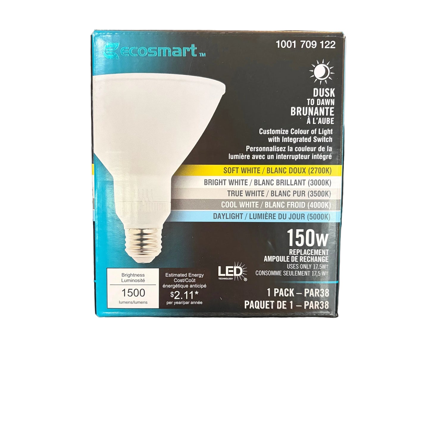 Ecosmart LED PAR38 E26 150W Equivalent A-Line Flood Light Bulb, Dimmable Selectable White (2700K-5000K)