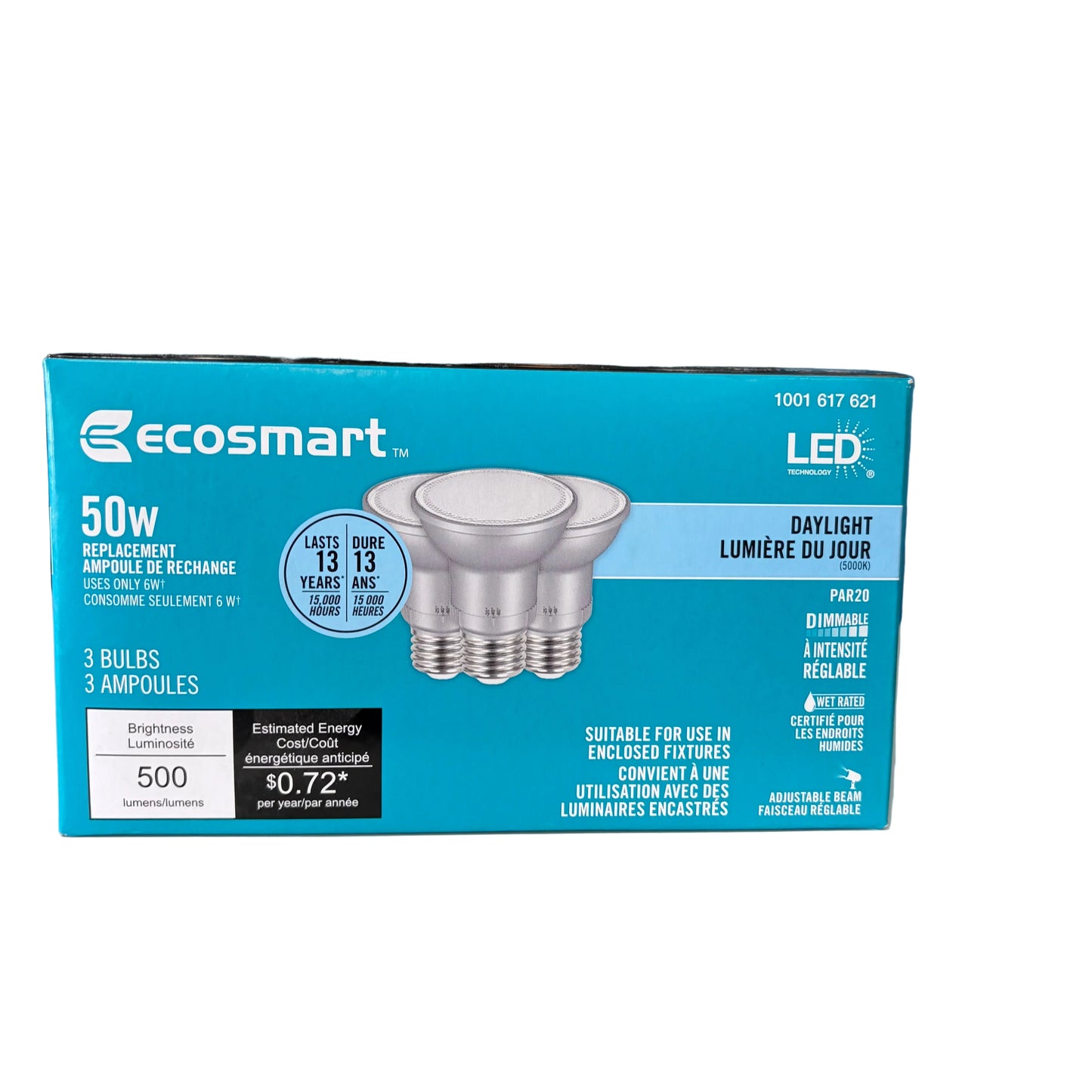 Ecosmart LED PAR20 E26 50W Equivalent Reflector Light Bulb, Dimmable Daylight (5000K+) (3-Pack)