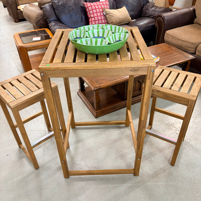 Solid Wood High-Top Pub Table + 2 Stools - Balcony / Patio Bistro Set