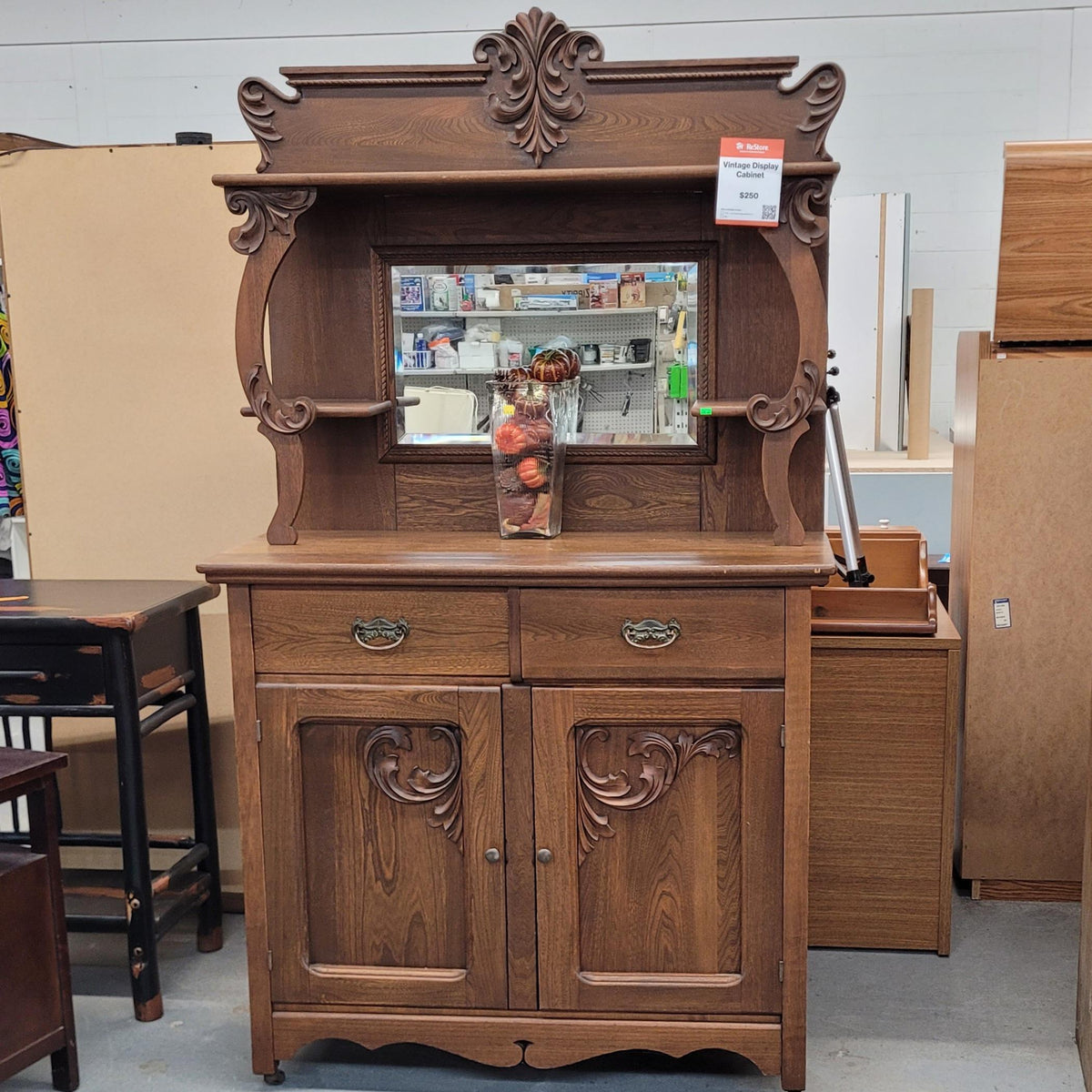 Vintage Carved Wood Display Cabinet