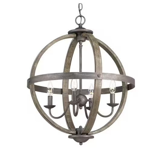 KEOWEE COLLECTION 4-Light Artisan Iron Orb Chandelier with Elm Wood Accents