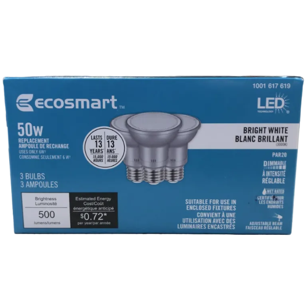 EcoSmart LED PAR20 Bright White Adjustable Beam Light Bulbs - 3 pack