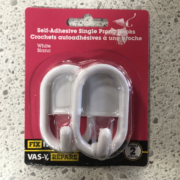 FIX IT! White Self-Adhesive Single Prong Hooks - 2 Pack