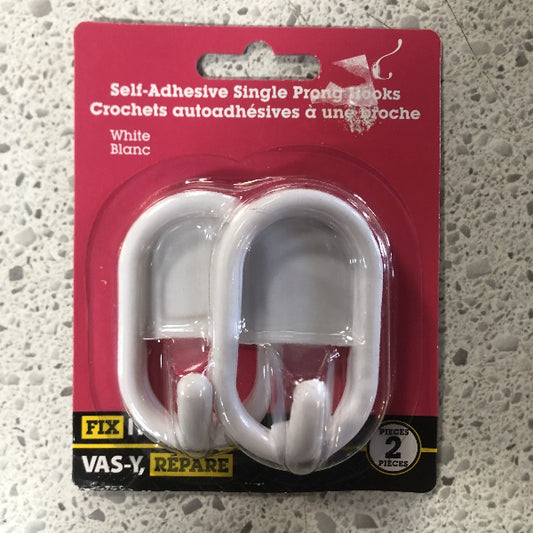 FIX IT! White Self-Adhesive Single Prong Hooks - 2 Pack