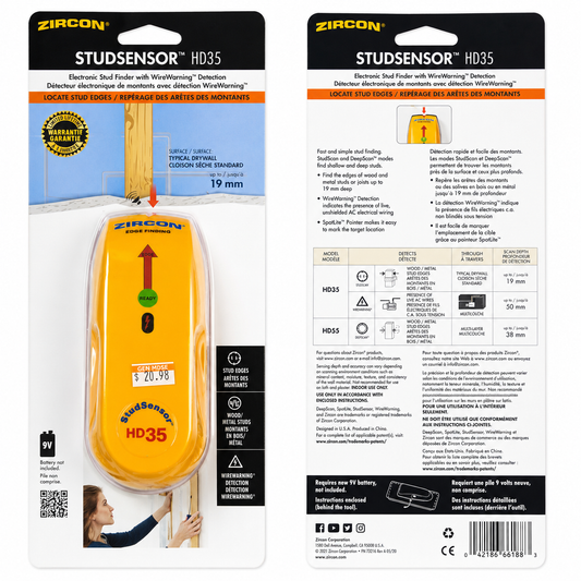 Zircon StudSensor™ HD35 Electronic Stud Finder with WireWarning® Detection