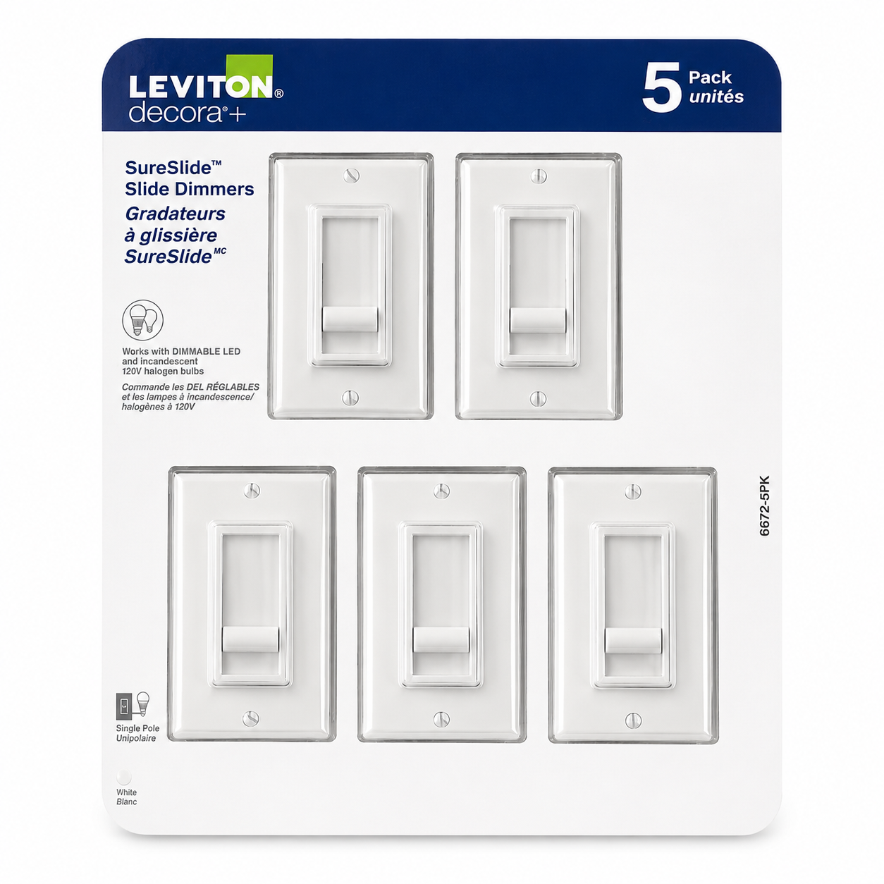 Leviton Decora+ SureSlide Slide Dimmers – 5 Pack (White) – New