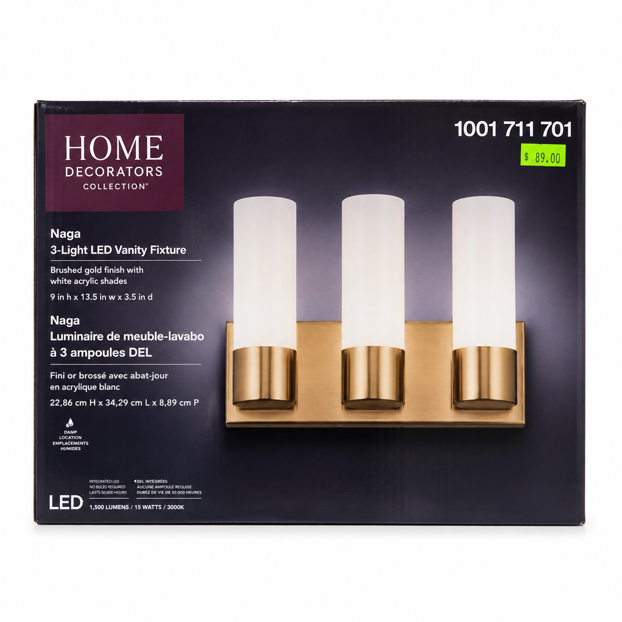 Home Decorators Collection Naga 3-Light LED Vanity Fixture – Brushed Gold – New in Box