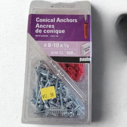 Paulin #8-10x7/8-inch Plastic Conical Anchors with Screws - 100pc