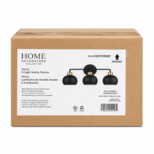 3-Light Vanity Light Fixture – Matte Black with Gold Accents
