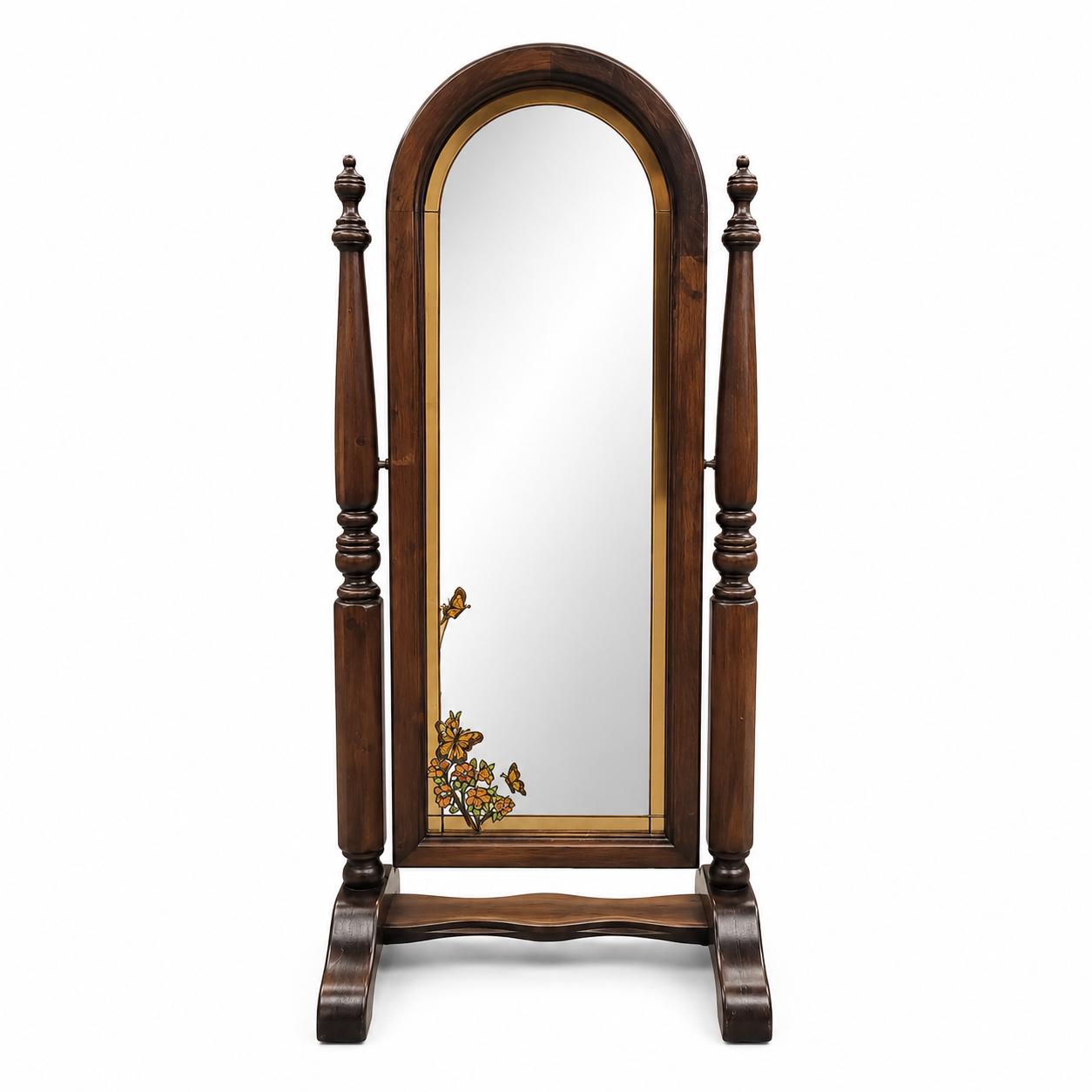 Vintage Solid Wood Cheval Mirror with Stained Glass Accents