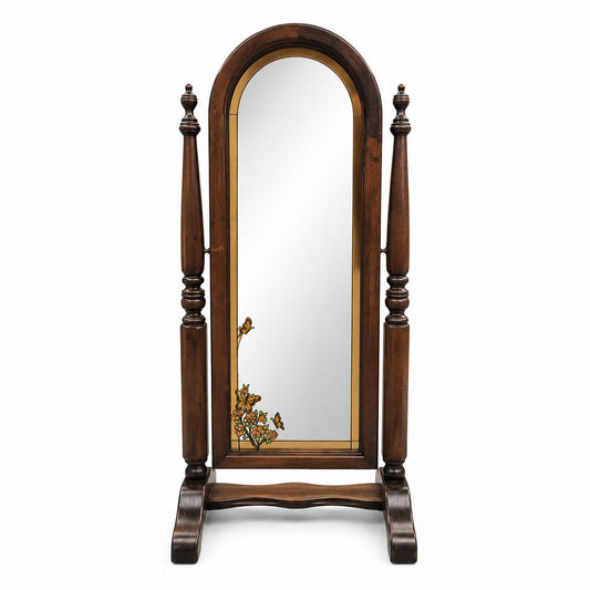 Vintage Solid Wood Cheval Mirror with Stained Glass Accents